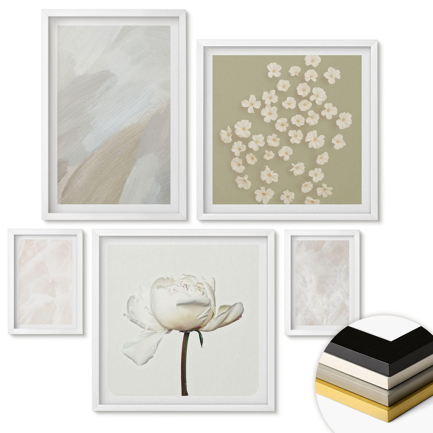 WANDBILDER 5er-Set - 50x50 cm & 20x30 cm & 40x60 cm Weißer Rahmen - Blumen, modische Boho-Texturen - Weiß, Kunststoff (40/60cm) - ArtPrintCave