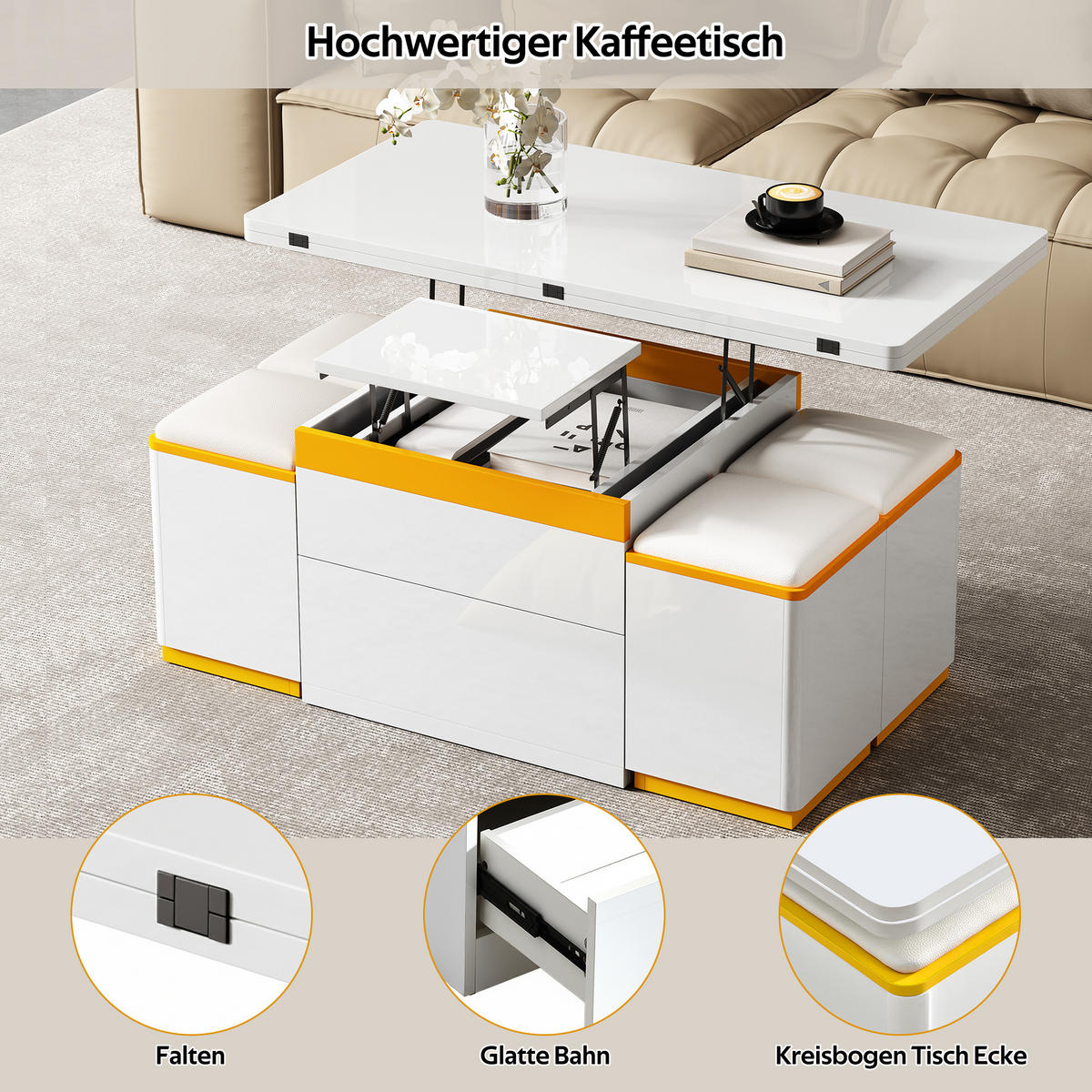 COUCHTISCH 100/50/43 cm Weiß Gelb höhenverstellbar mit Stauraum und 4 Hockern - Weiß, Holzwerkstoff (100/50/43cm) - OKWISH