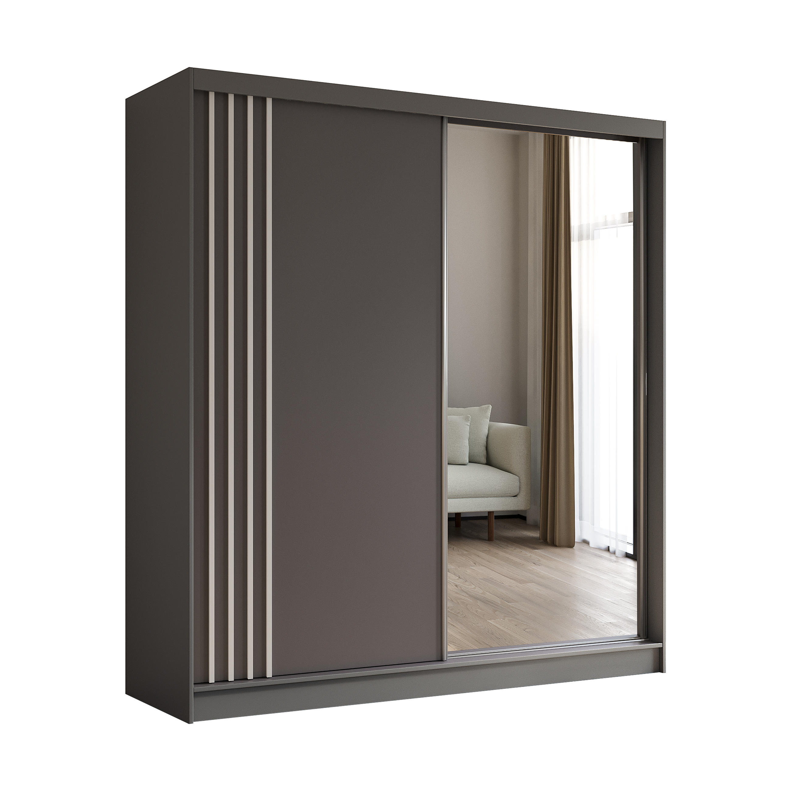 KLEIDERSCHRANK mit Spiegel-Schiebetüren und Aluminium-Leisten, LED-Beleuchtung - NALLA - 200 cm Grau+Grau+Weiß - Weiß/Grau, Holzwerkstoff (200/216/61cm) - ALTDECOR