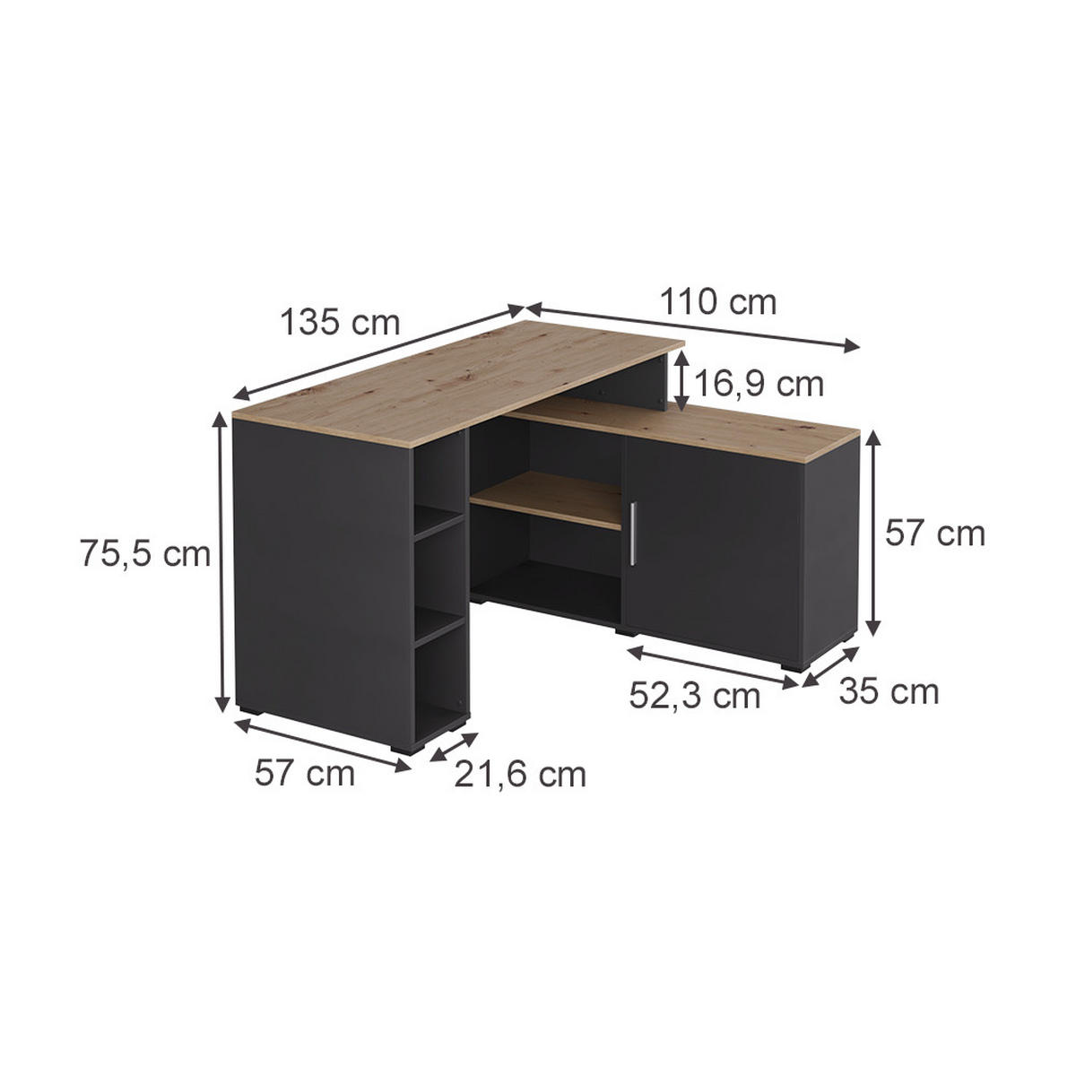 ROHOVÝ PSACÍ STŮL Rudy Antracit/Artisan - antracitová, kompozitní dřevo (110/135/75.5cm) - Vicco