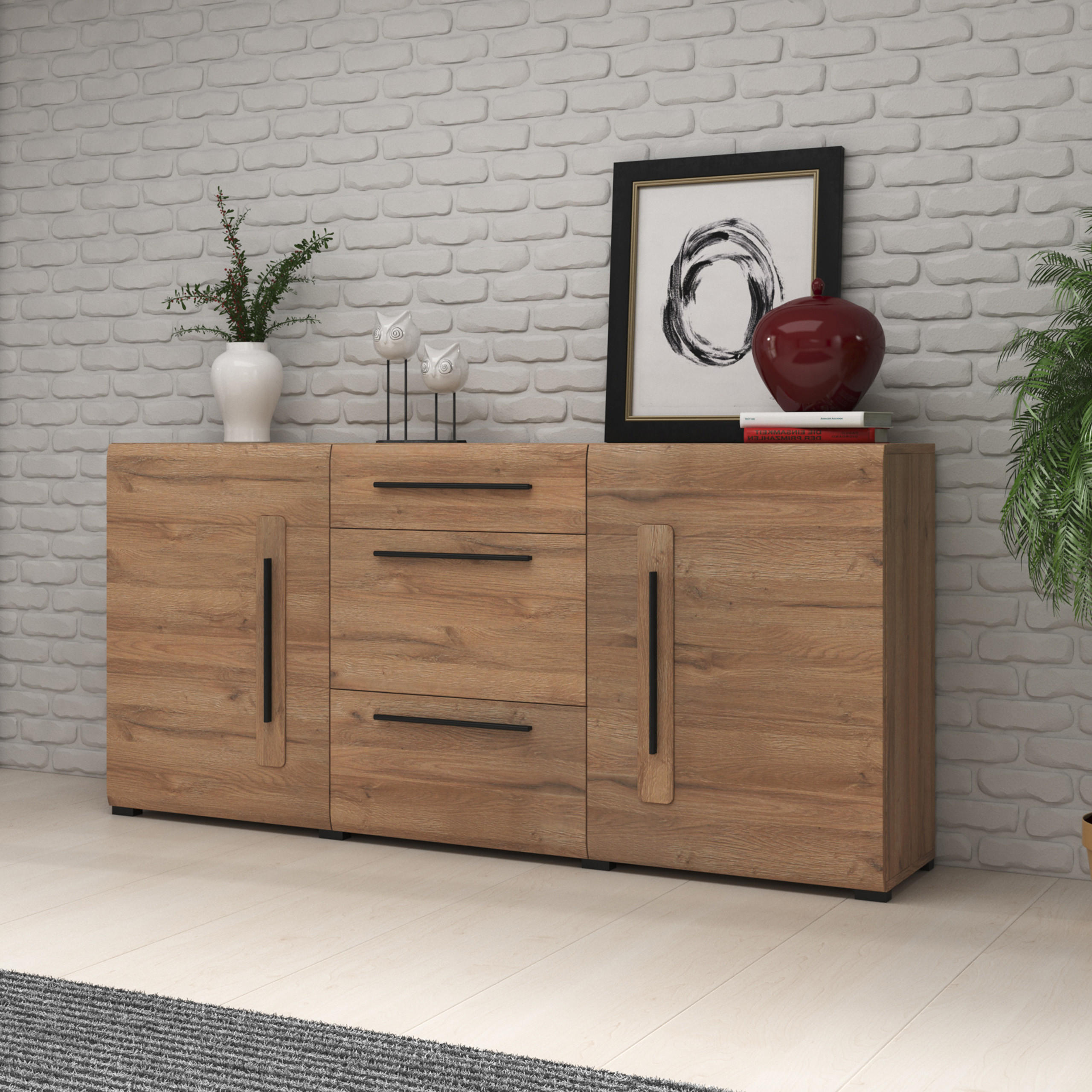 Thumbnail - Masseno Sideboard, Eiche, Holzwerkstoff, 3 Schubladen, 180x86x39 cm, Wohnzimmer, Kommoden & Sideboards, Sideboards