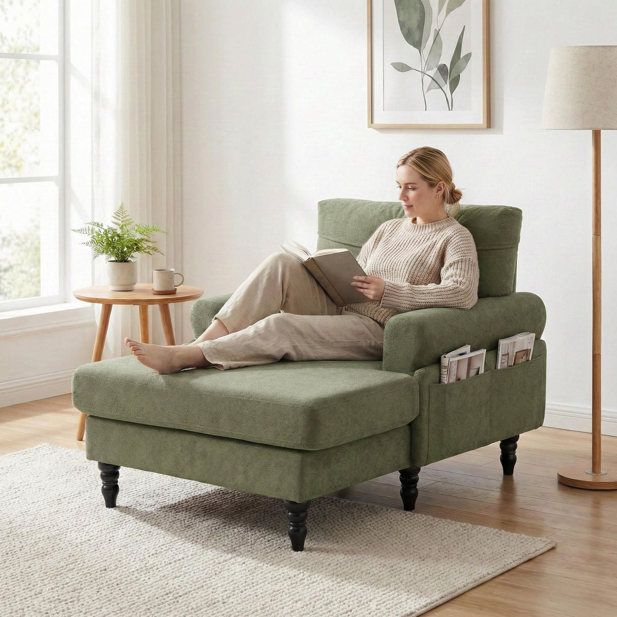 RELAXSESSEL Liege,hochdichte Polsterung,Seitentaschen,Chenille,Grün - Grün, Textil (97/86/125.5cm) - LVHOM