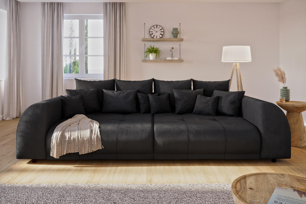 BIGSOFA Levana 5 Sitzer Schwarz Cord-Stoff - Schwarz, Holz/Kunststoff (310/86/135cm) - S-Style Möbel