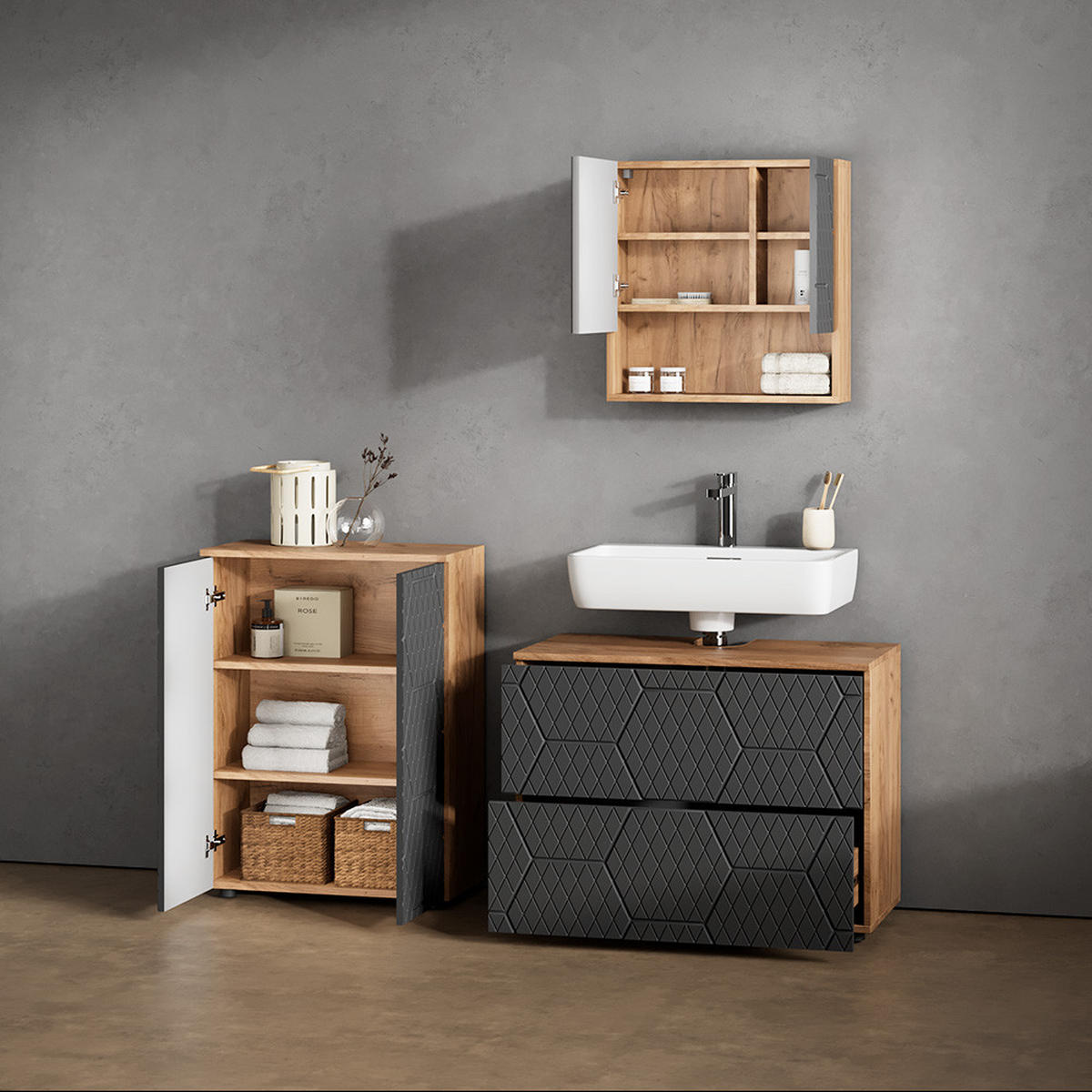 MIDISCHRANK Ronco Anthrazit gestreift 60 x 81 cm - Anthrazit/Eiche Wotan, Holzwerkstoff (60/81/30cm) - Livinity®