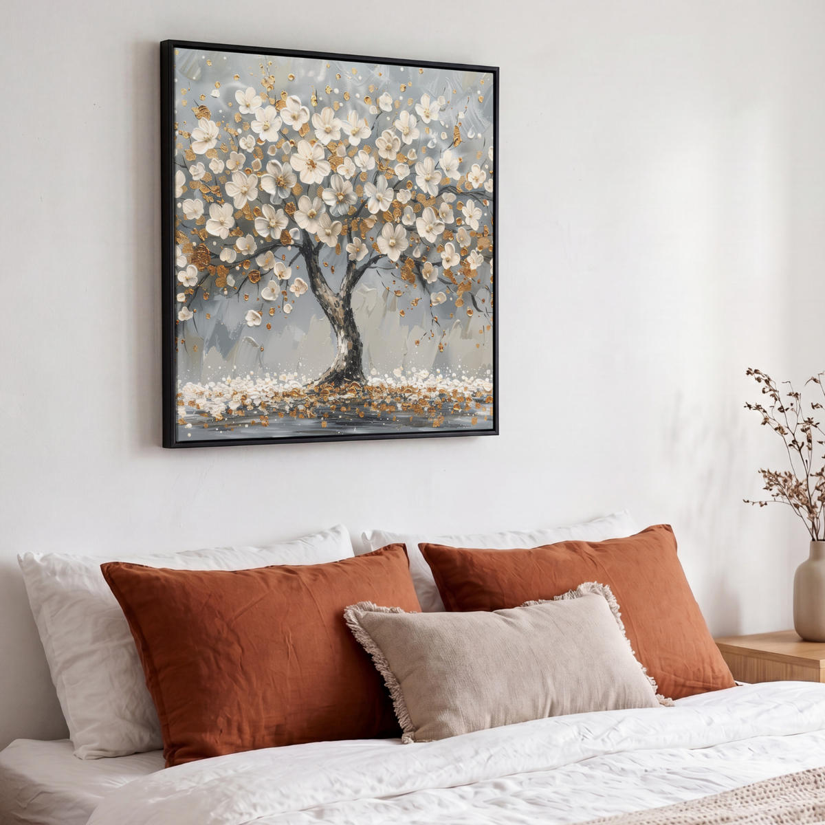 LEINWAND Bilder mit Rahmen - Baum - Blumen - Weiß - Natur - Kunst - 50x50 - Weiß, Textil (50/50cm) - MuchoWow