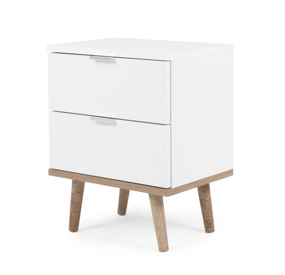 NACHTTISCH weiß matt, Eiche Sonoma massiv 40 cm, Nachtkommode mit 2 Schubladen - Chromfarben/Eichefarben, Holz/Holzwerkstoff (40/52/30cm) - Furn.Design