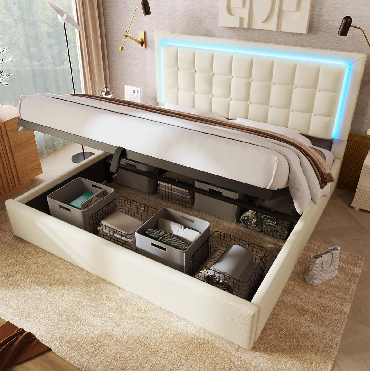 POLSTERBETT mit LED-Beleuchtung 140/200 cm mit Bettkasten in Weiß - Weiß, Kunststoff (140/200cm) - BEAOK
