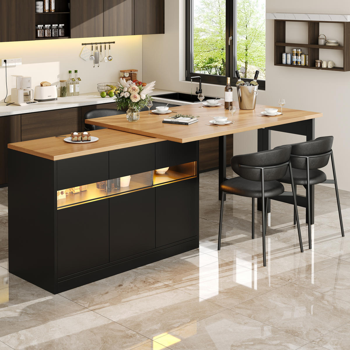 BARTISCH 360° Drehbar 120-180cm LED Stauraum - Schwarz, Holzwerkstoff (40/120/75.8cm) - FLIEKS