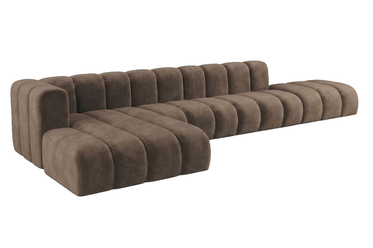 ECKSOFA Modulares In L-Form Mit Hocker, Velvet-Stoff Riviera, Braun, Links, GRAND - Braun, Holz (386/179cm) - Kaiser Möbel