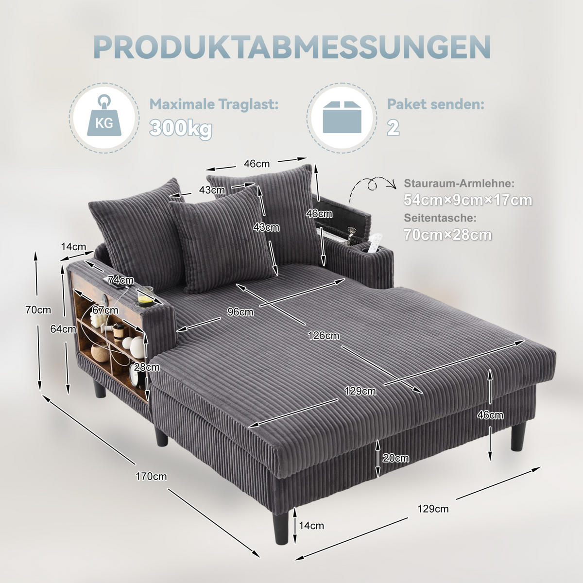 CHAISELONGUE 170/129/70 cm mit LED-Beleuchtung, USB-Anschluss, Stauraum und 2 Becherhaltern, Dunkelgrau - Dunkelgrau, Textil (170/70/129cm) - Redom