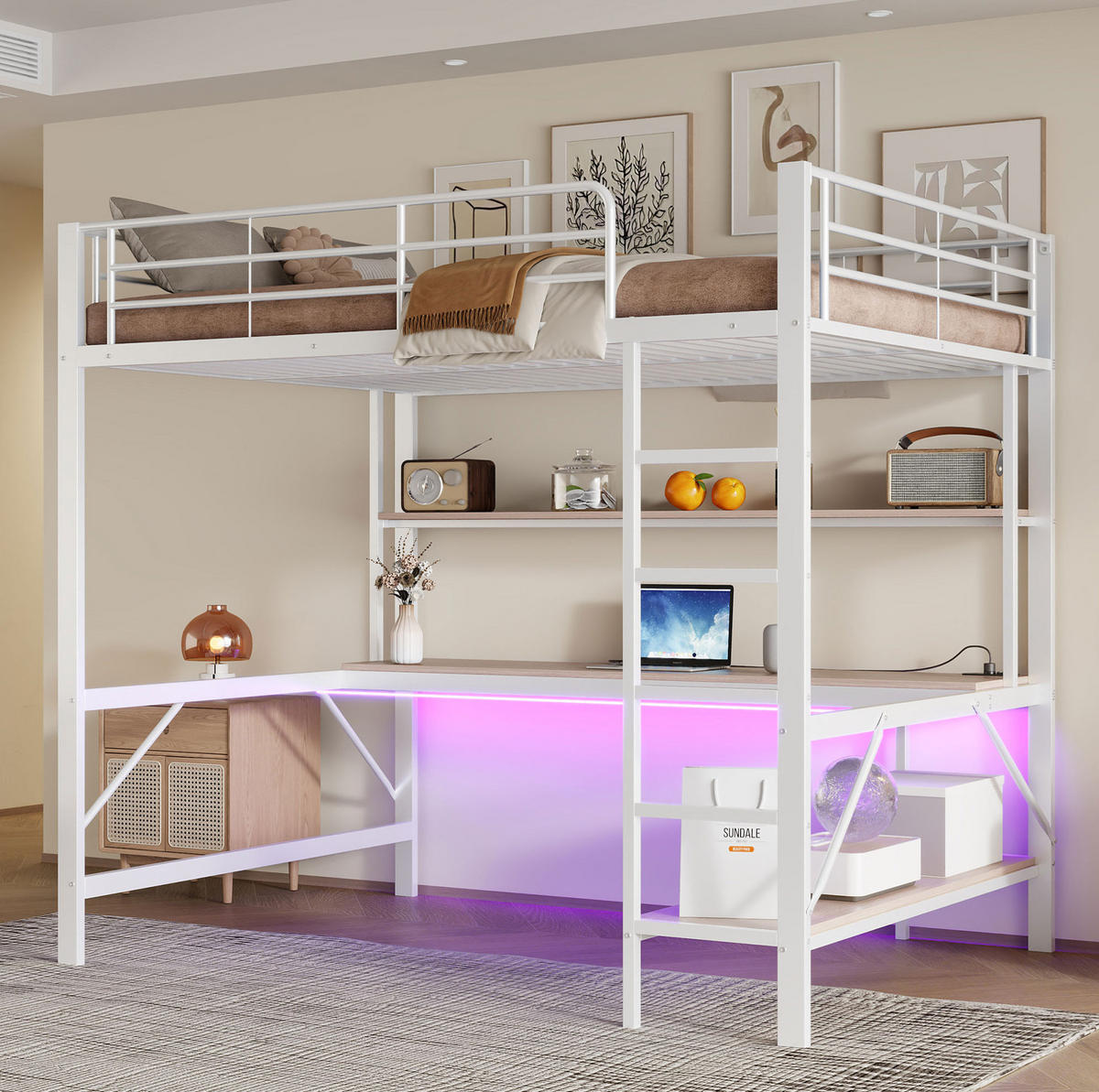 HOCHBETT aus Metall und MDF 140x200 cm Weiß mit USB, Steckdose, LED-Licht, Schreibtisch und Regal - Weiß, Metall (140/200cm) - Modfu