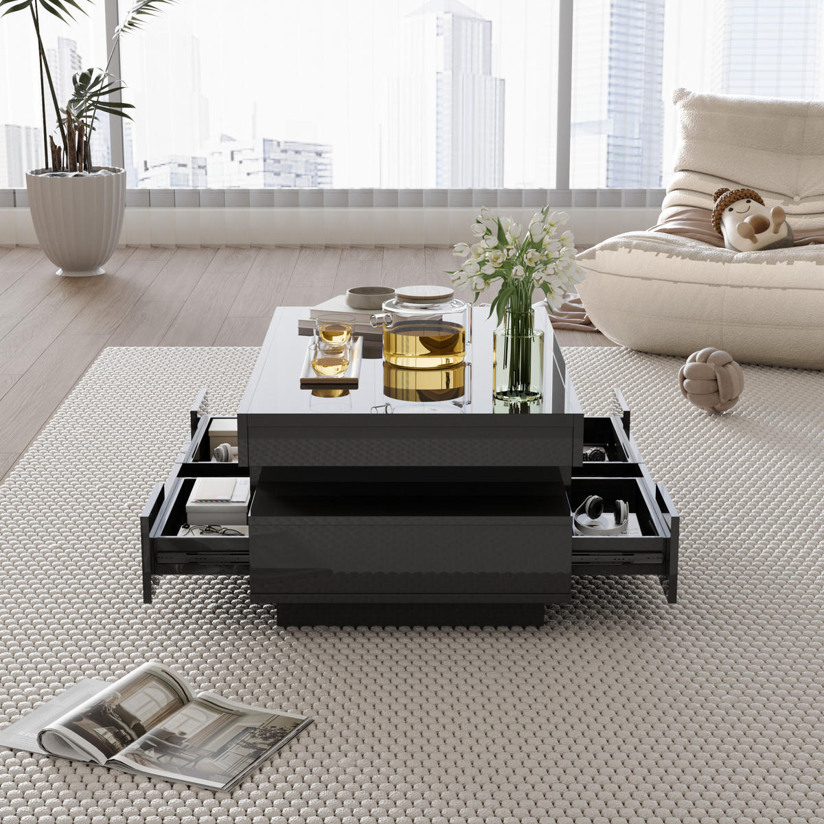 COUCHTISCH LED Hochglanz Schwarz - Schwarz, Holzwerkstoff (80/50/26cm) - ComfortXL