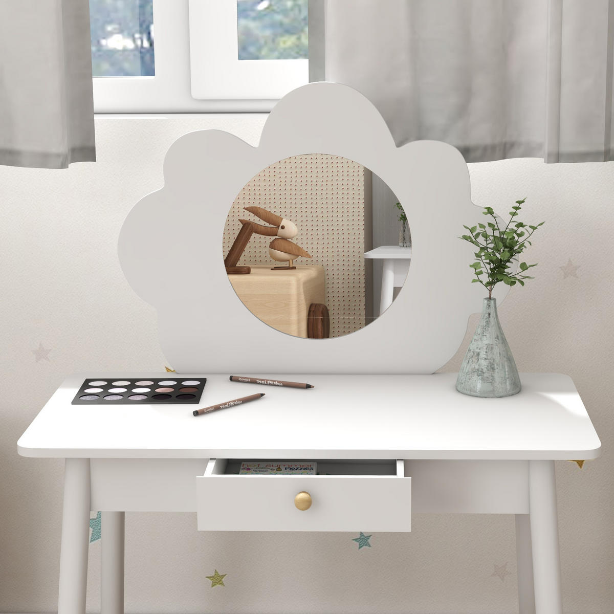 KINDERSCHMINKTISCH DE-18639 mit Spiegel in Wolkenform Weiß - Weiß, Holzwerkstoff (34/95/70cm) - ComfortXL