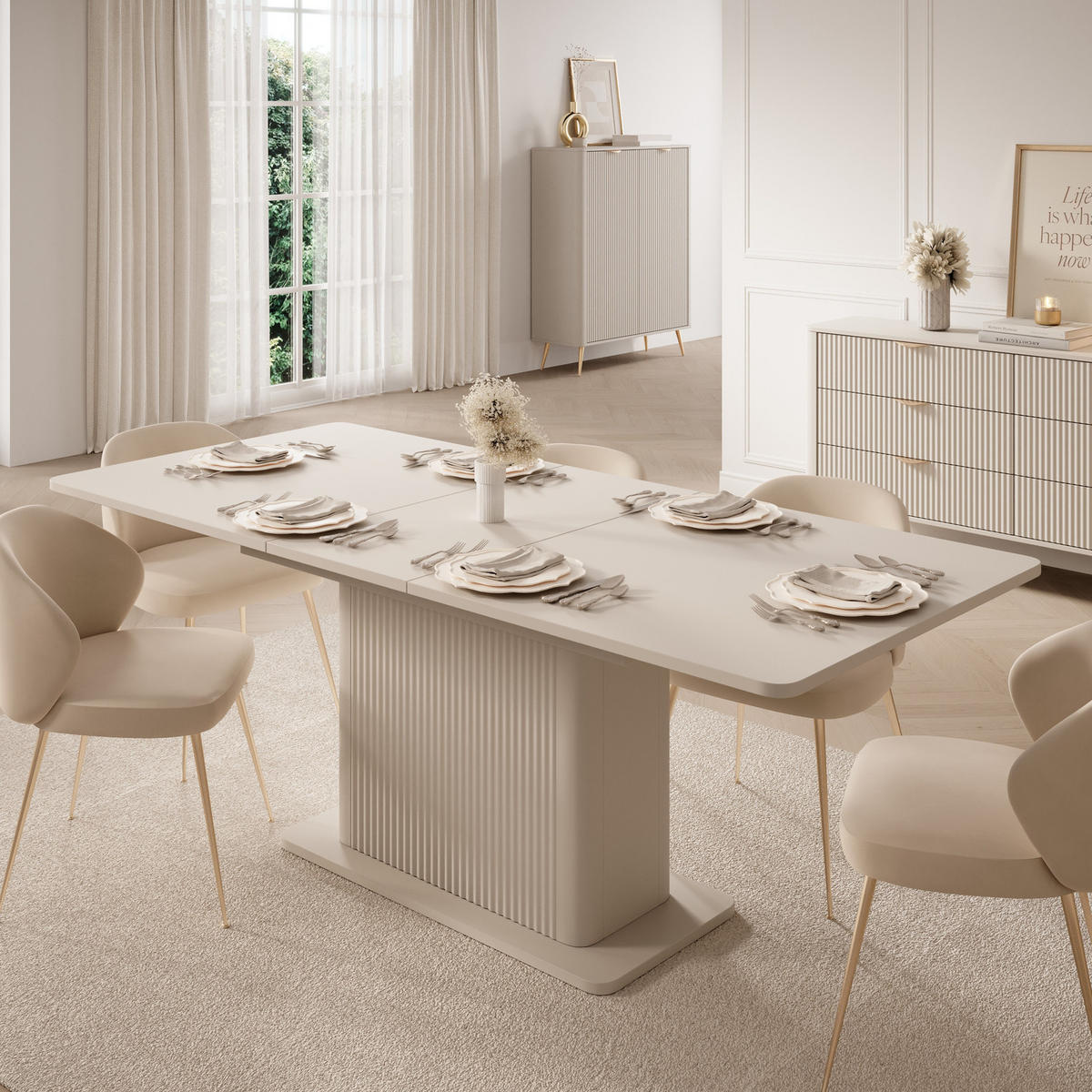 ESSTISCH Flore Beige ausziehbar 160-200 cm - Riffel-Optik - Beige, Holz/Holzwerkstoff (90/200/75cm) - Ravio