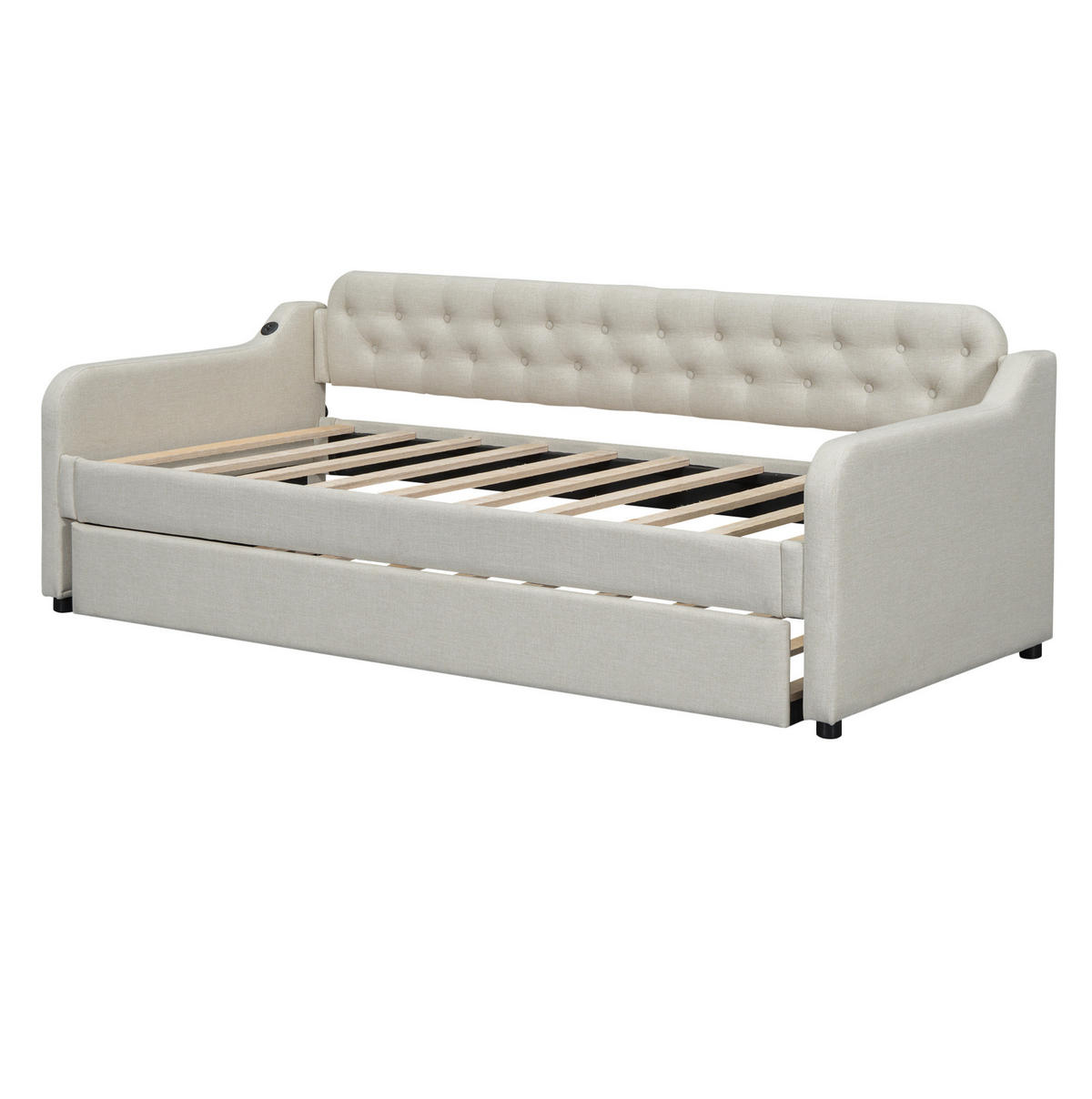 TAGESBETT 90/200 cm mit ausziehbarem Rollbett und USB-Anschluss, Beige - Beige, Textil (90/200cm) - Redom