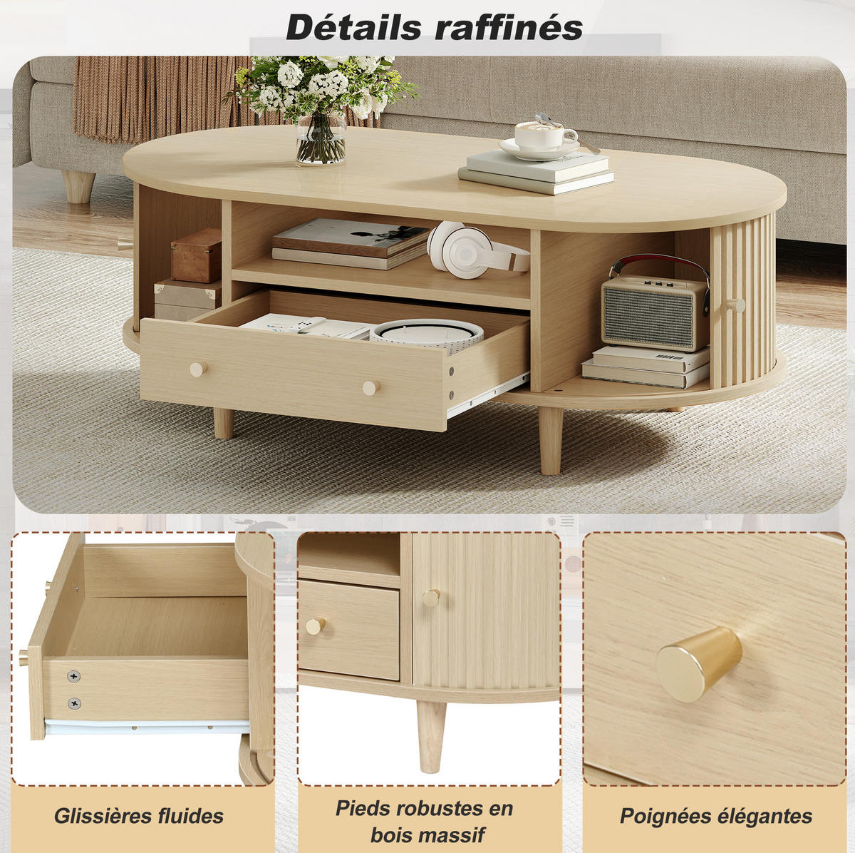 KONFERENČNÍ stolek z MDF 100x50x36 cm dubová barva se zásuvkou, roletovými dvířky a otevřeným úložným prostorem - barva dubu, kompozitní dřevo (100/50/36cm) - Modfu