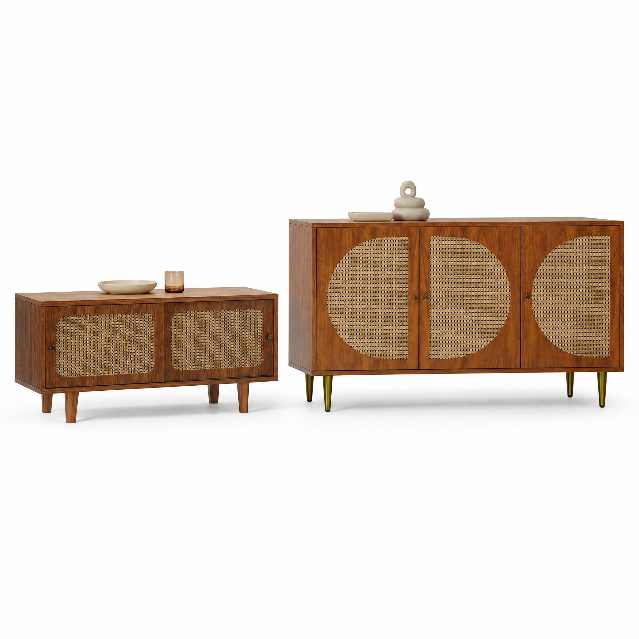 SIDEBOARD i valnötsfärg förvaringsskåpsset för vardagsrum, B104/D40/H48cm - Valnötsfärgad/Guldfärgad, Träbaserade material/Metall (104/48/40cm) - STILVORA