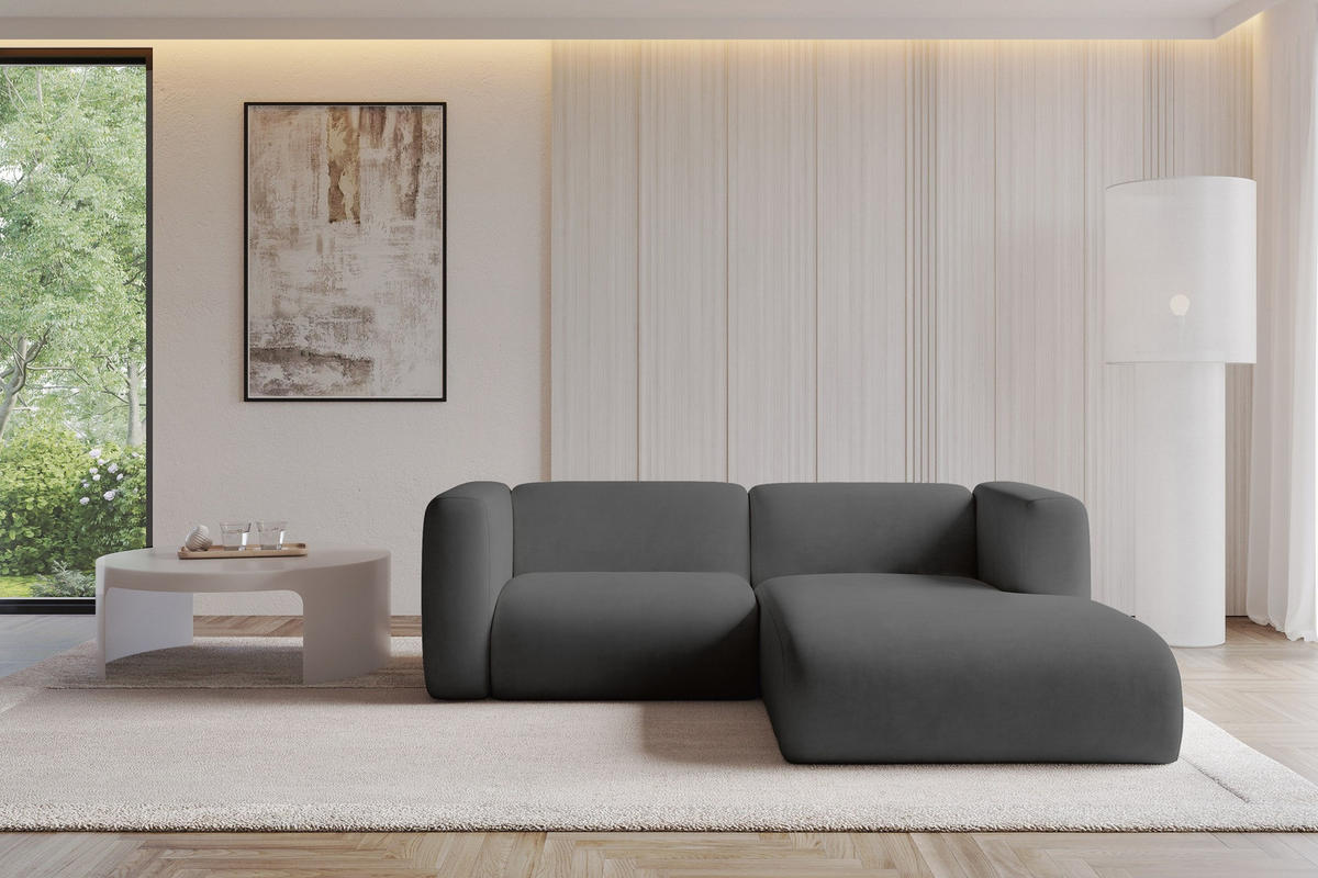 ECKSOFA Ottomane Rechts MIRA-L1 227x179x89 Dunkelgrau Velours - Dunkelgrau/Schwarz, Holzwerkstoff/Kunststoff (227/179cm) - ALTDECOR
