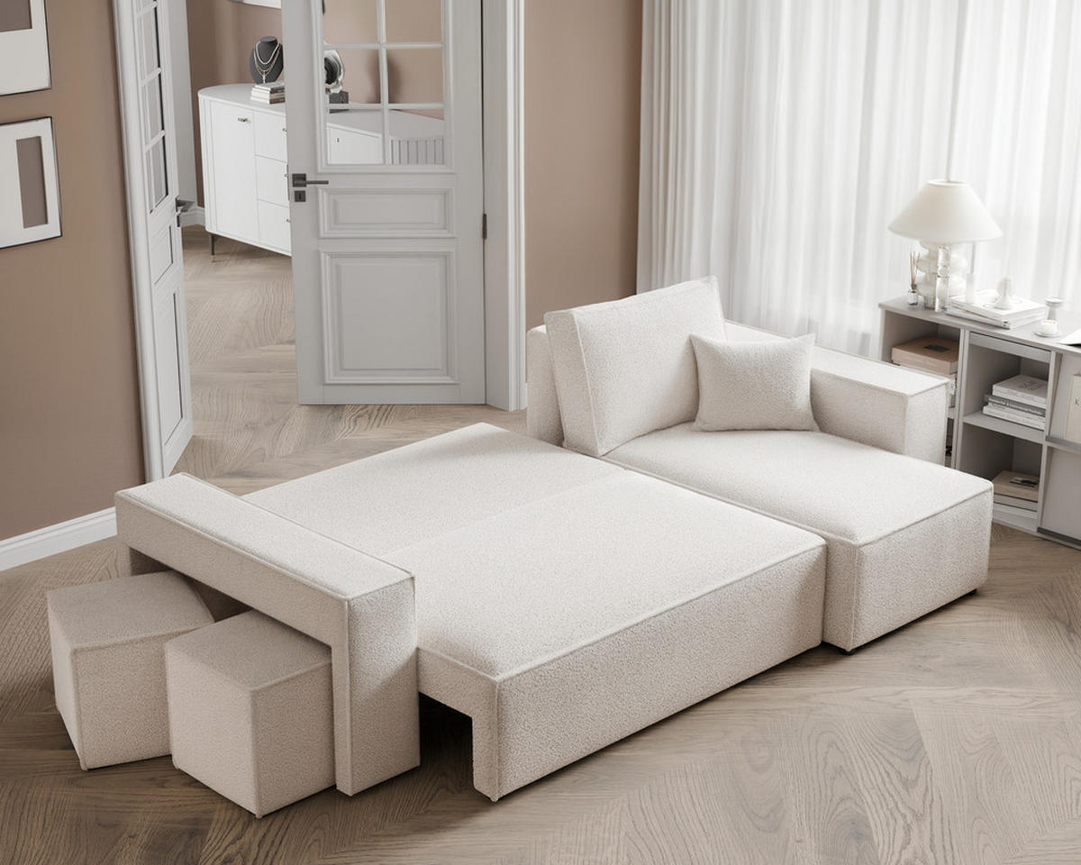ECKSOFA PARIS mit Schlaffunktion und Bettkasten Creme - Weiß, Holzwerkstoff/Kunststoff (262/145cm) - Idohome