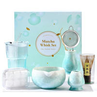 MATCHA Set 9-teilig Blau Kristallglasur Schale Bambusbesen & Halter Becher Eiswürfelform Löffel Sieb Teetuch - Multicolor, Keramik (15/10/20cm)