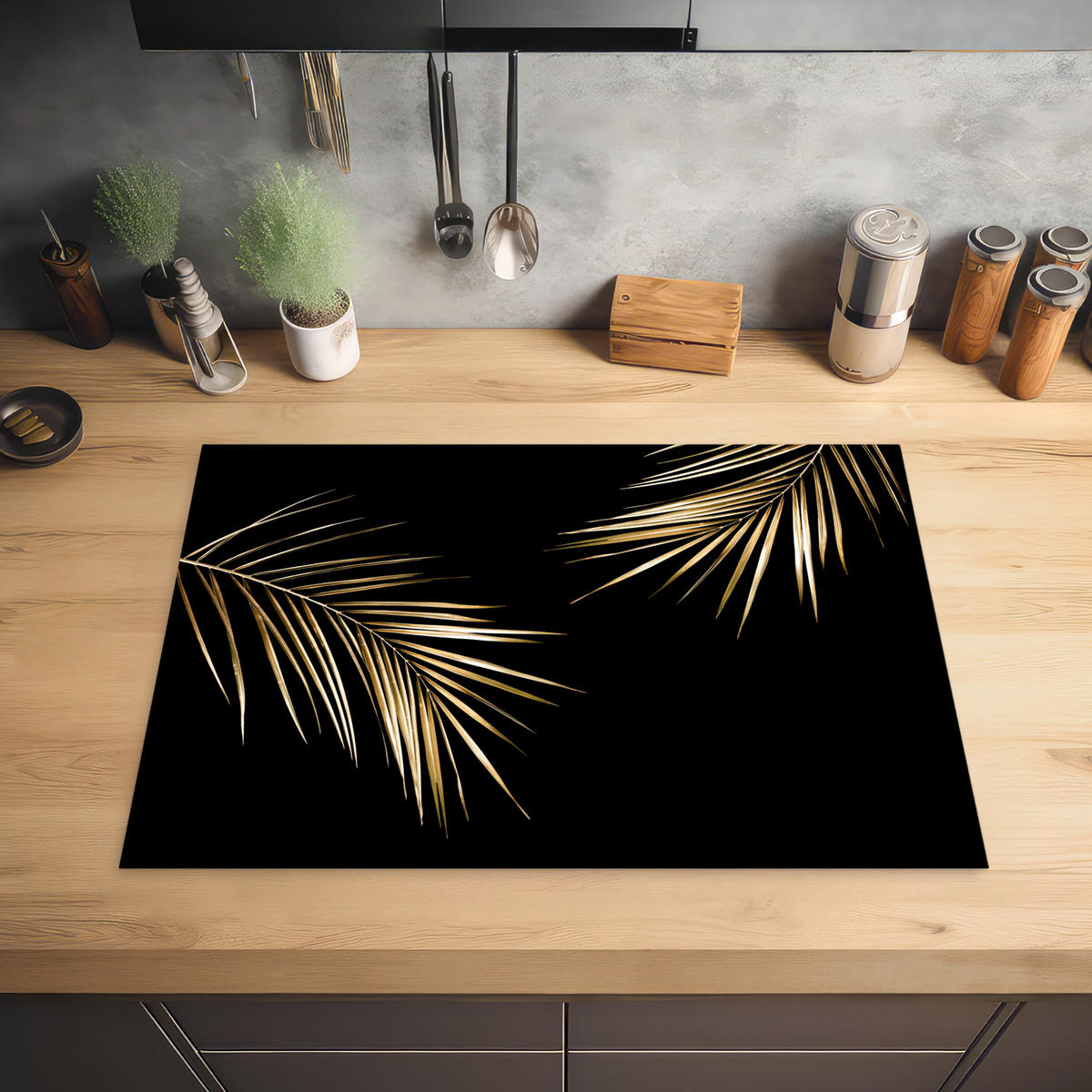 HERDABDECKPLATTE Blätter - Pflanzen - Gold - Schwarz - Luxus 75x52 cm - Goldfarben, Kunststoff (75/0.2/52cm) - MuchoWow