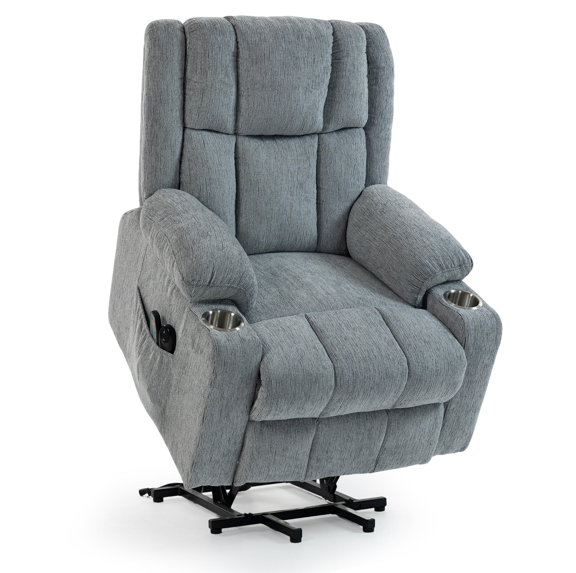 RELAXAČNÍ křeslo světle šedé ze sametu s elektrickým polohováním, výklopnou pomocí a masáží - světle šedá, textil (84/106/91cm) - OKWISH