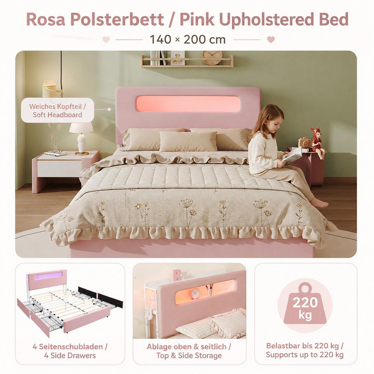POLSTERBETT 140x200 cm mit 4 seitlichen Schubladen - Kopfteil mit offenem Stauraum & LED-Beleuchtung - Rosa - Pink, Textil (140/200cm) - DELFA