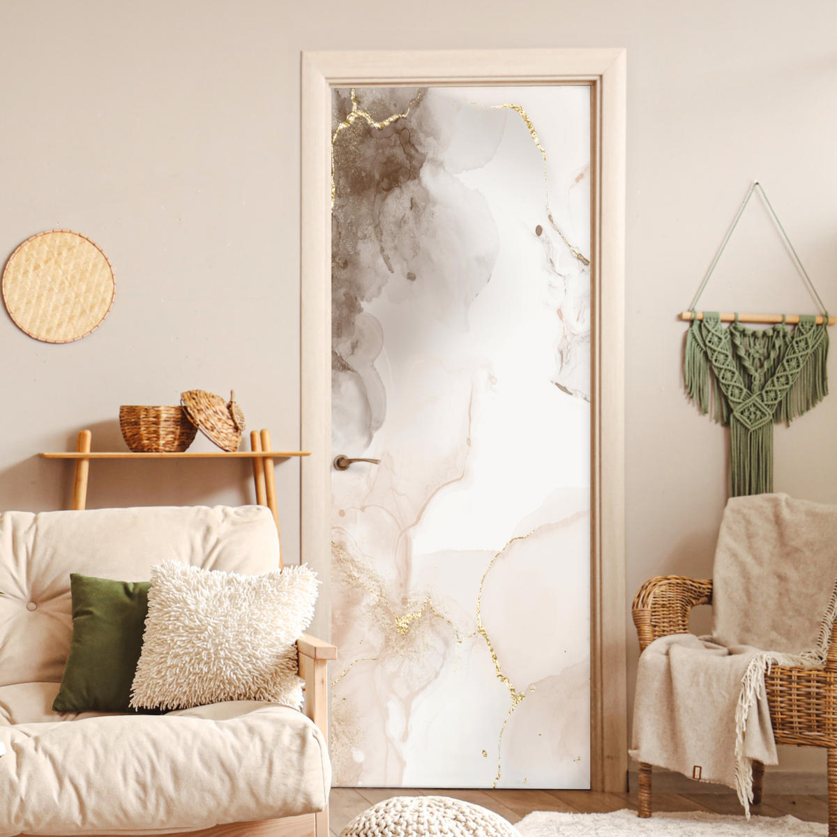 TÜRAUFKLEBER Selbstklebend - Marmor - Braun - Linie 95x235 cm - Türtapete - Champagner, Kunststoff (95/0.1cm) - MuchoWow