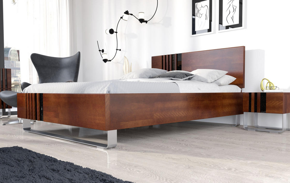 MASSIVHOLZBETT Kielce mit Metallfüßen, Buche - lackiert, Nussbaumfarbe, Schwarz Glas, 180x200 - Edelstahlfarben/Walnussfarben, Holz/Metall (180/200cm) - Visby