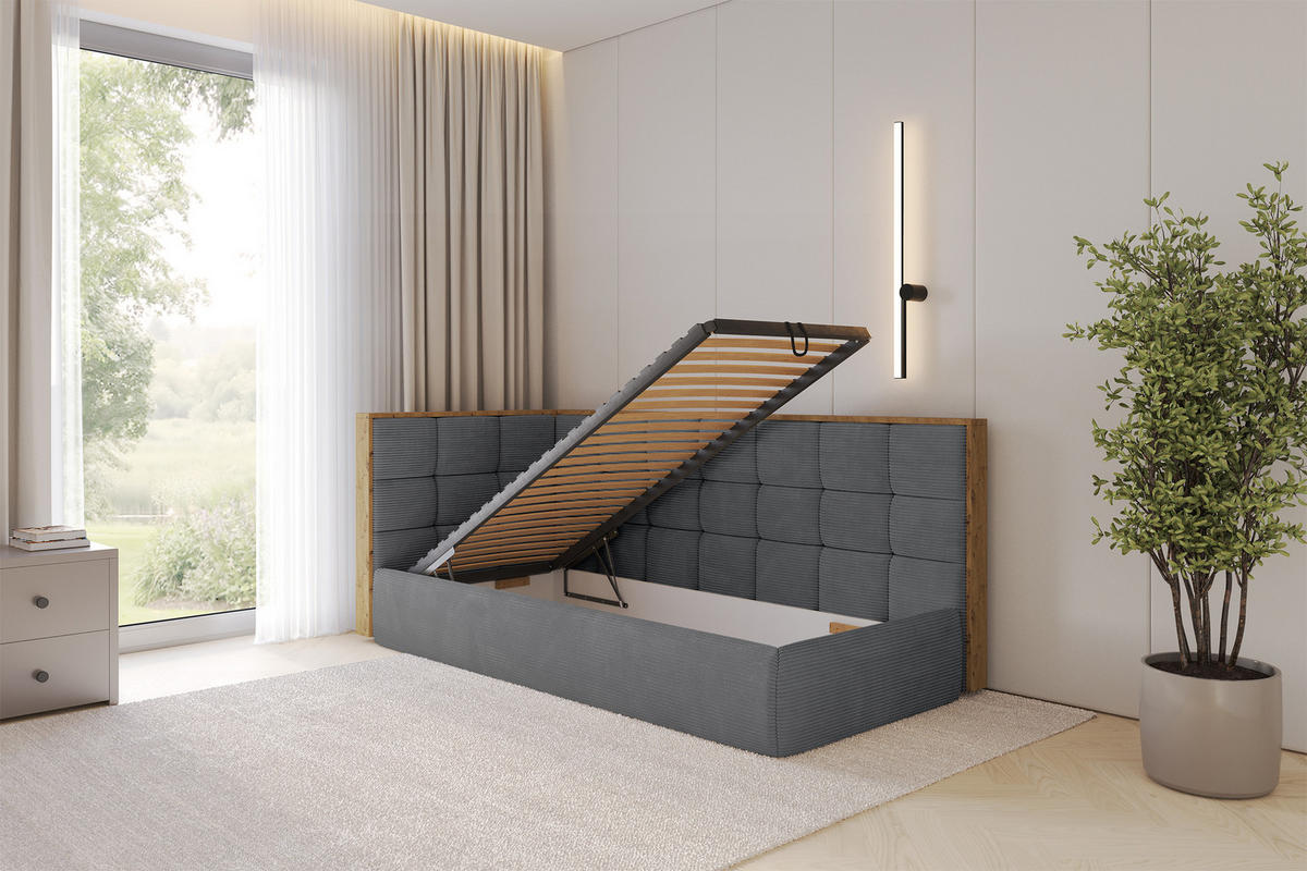EINZELLBETT Jugendbett mit Bettkasten, Rechts - SOVY 100x200 Dunkelgrau - Schieferfarben, Holzwerkstoff/Textil (100/200cm) - ALTDECOR
