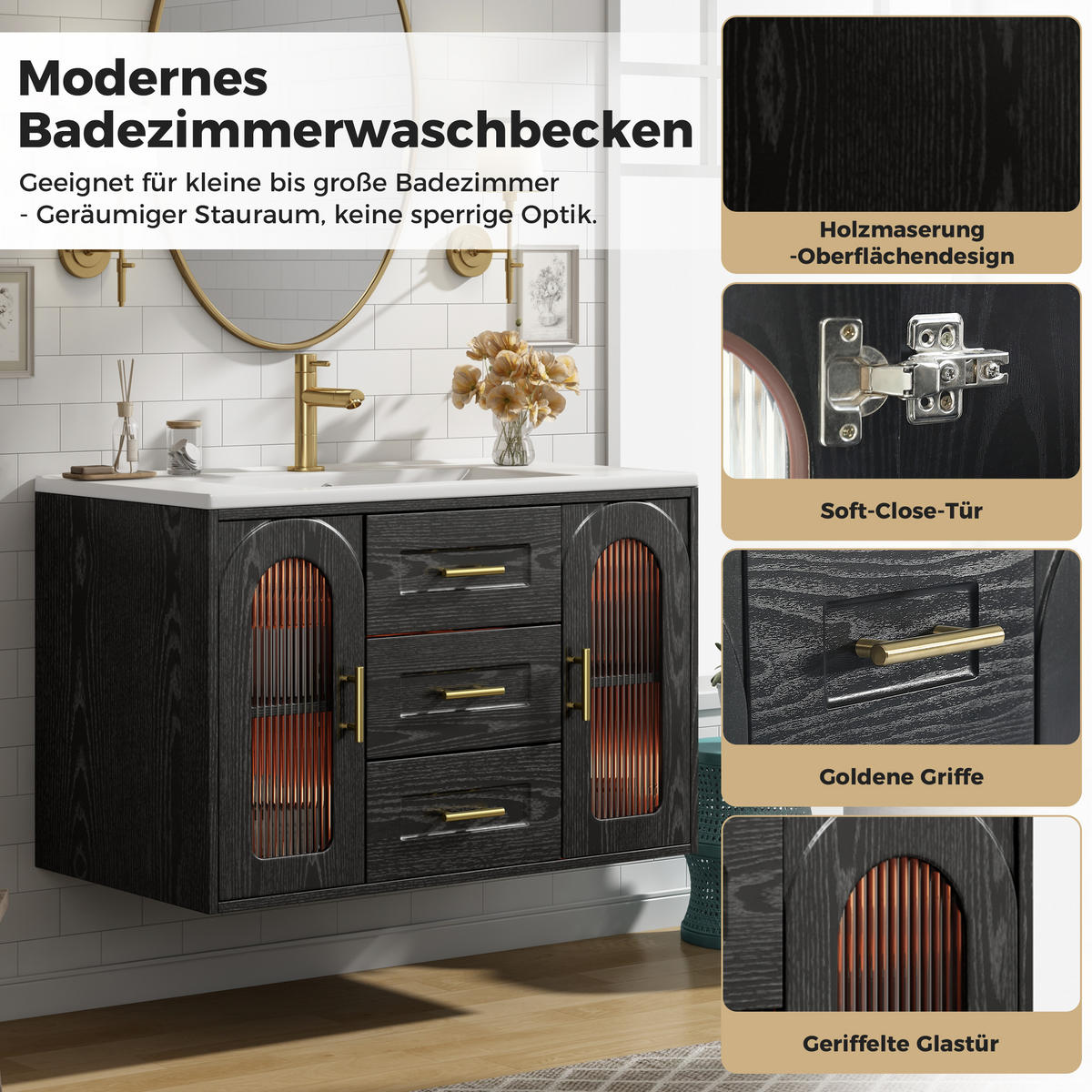 BADEZIMMERSCHRANK Wandmontiert Waschbecken LED Glasfront Schwarz 76cm - Schwarz, Glas (76/55/46cm) - FLIEKS