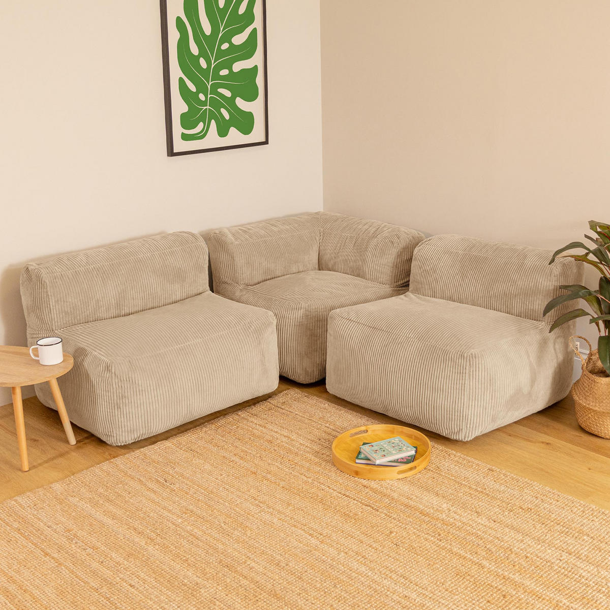 SITZSACK-SOFA 3-tlg. ZEN: Ecksessel, 2 Sessel - Beige, Textil (290/68/100cm) - icon