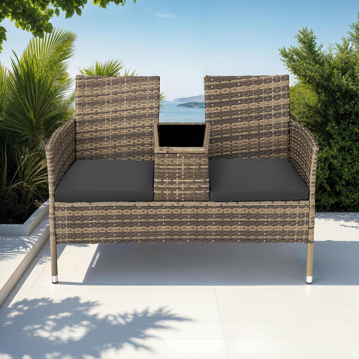 RATTAN GARTENSITZBANK Narbonne,131 x 59 x 82 cm,natur/dunkelgrau - Naturfarben, Kunststoff (61/82/131cm) - tectake