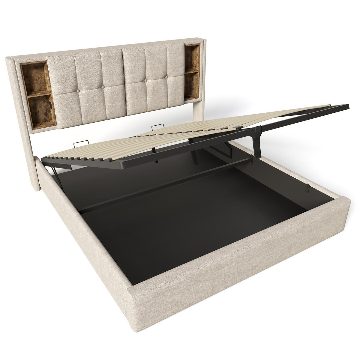 POLSTERBETT 140/200 cm Natürlich aus Leinen mit kabellosem Laden und Stauraum - Naturfarben, Textil (140/200cm) - OKMYHOME