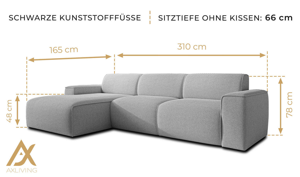 ECKSOFA L Form Didim mini Schwarz 310/165/78 cm – stilvolle kleine Eckcouch L - Schwarz, Kunststoff/Textil (165/310cm) - AX Living
