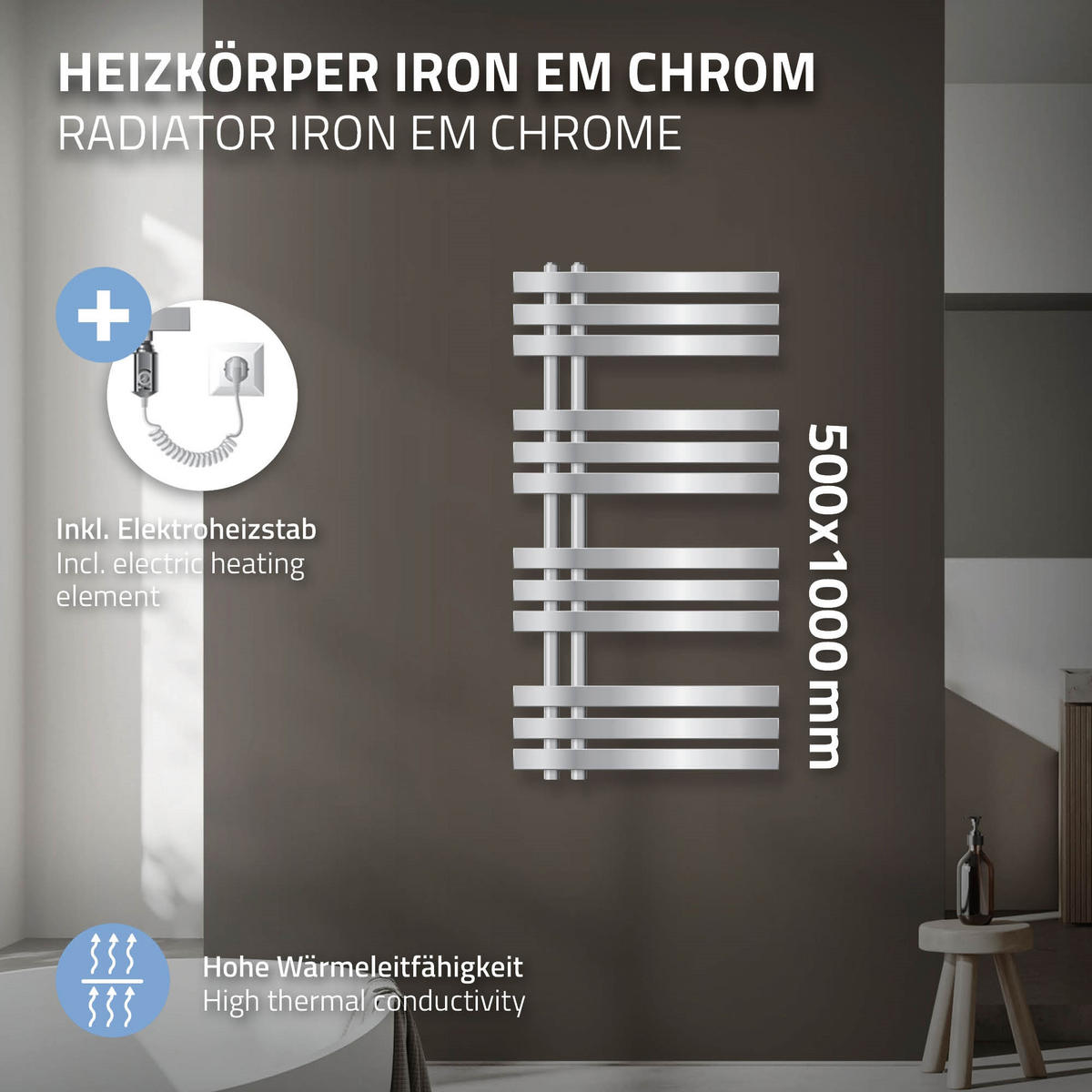 ELEKTRICKÝ koupelnový radiátor Iron EM 500 × 1000 mm, chrom, s topným tělesem 300 W - chromová, kov (50/100/3cm) - LuxeBath