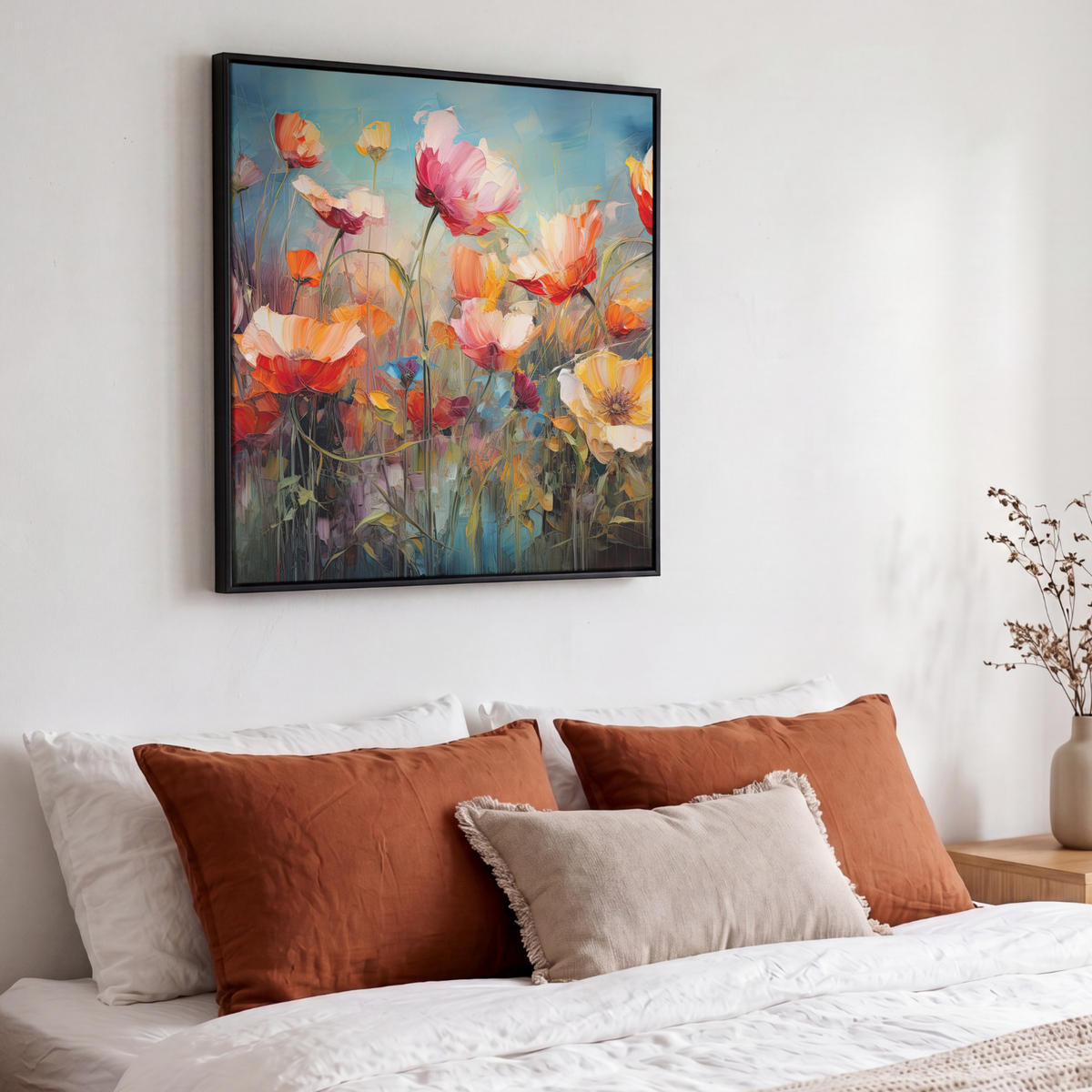 LEINWAND Bilder mit Rahmen - Blumen - Aquarell - Kunst - Botanisch - Natur - 50x50 - Orange, Textil (50/50cm) - MuchoWow