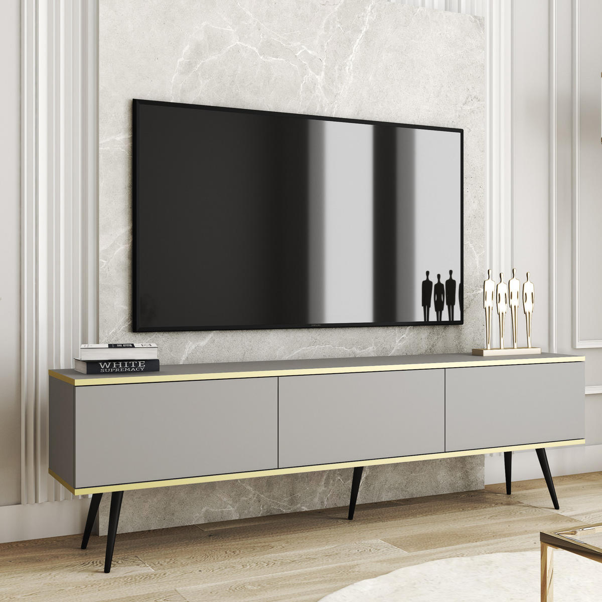 TV-LOWBOARD FORNO (Grau, Goldene Details, 3 Türen, schwarze Metallfüße, 175 cm) - Schwarz/Grau, Holz/Holzwerkstoff (175/53/32cm) - Ravio