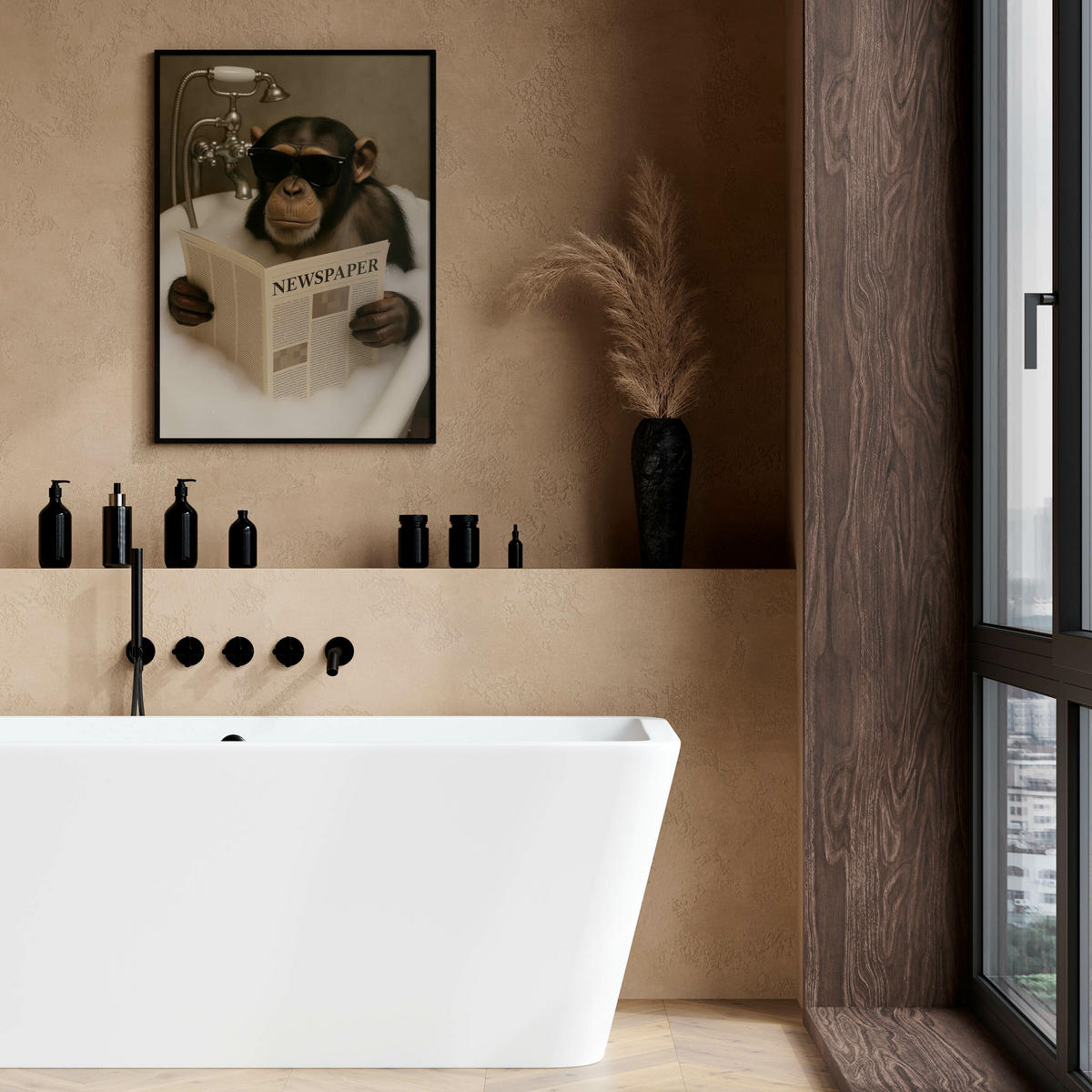 POSTER für Badezimmer WC SCHIMPANSE in Badewanne Affe mit Zeitung Abstraktion 30x40cm - Beige/Schwarz, Papier (30/40/40cm) - Muralo