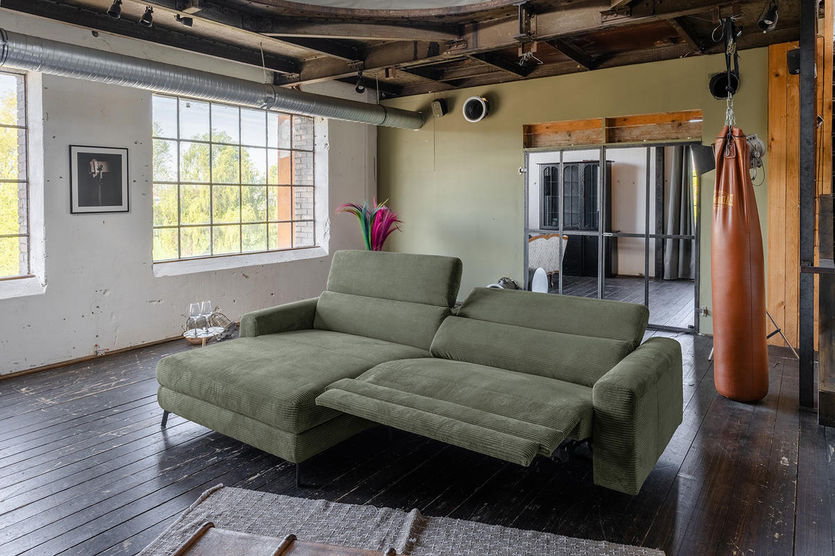 ECKSOFA LAISKA Grün Cord Relaxfunktion - Schwarz/Olivgrün, Textil/Metall (282/177cm) - KAWOLA