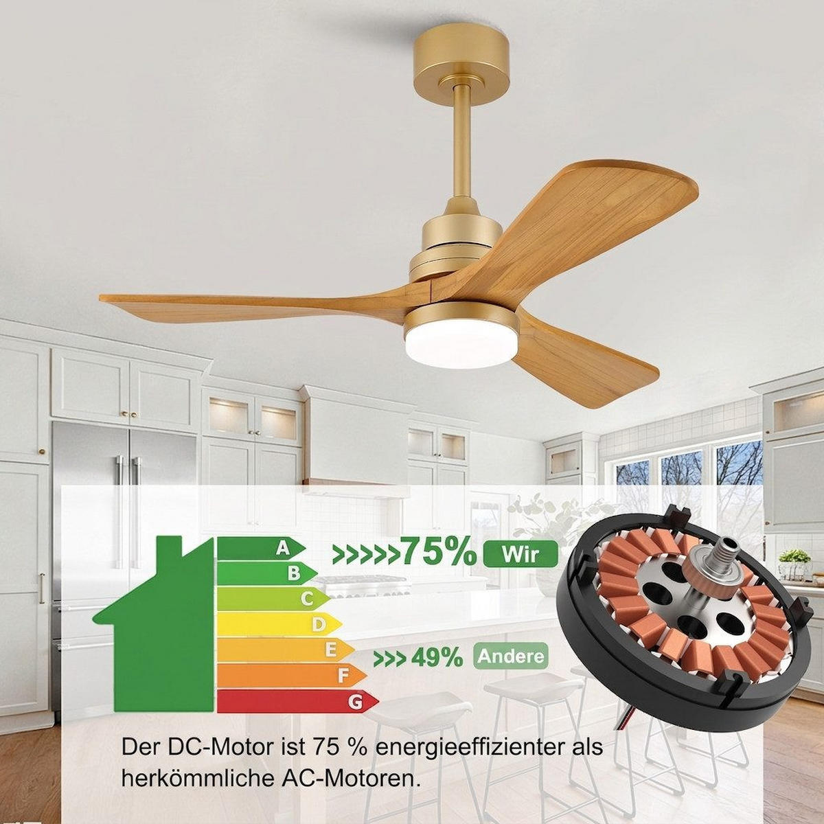 DECKENVENTILATOR & LED-Beleuchtung/Fernbedienung Sommer/Winter Betrieb - Goldfarben, Metall (107/107/53cm) - BEXEVUE