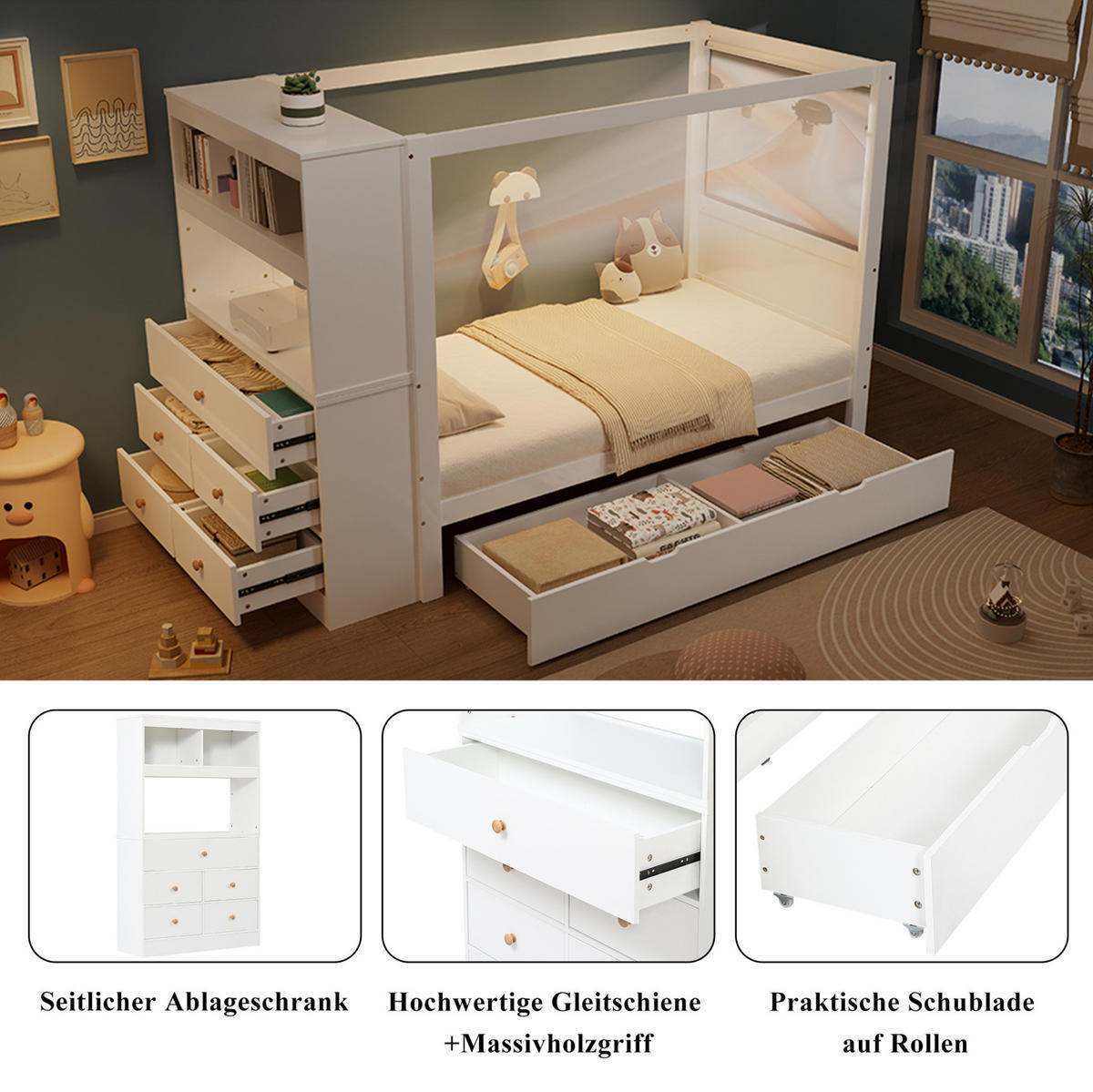 EINZELBETT 90/200 cm Weiß aus Kiefernholz und MDF mit Stauraum - Weiß, Holz (90/200cm) - OKMYHOME