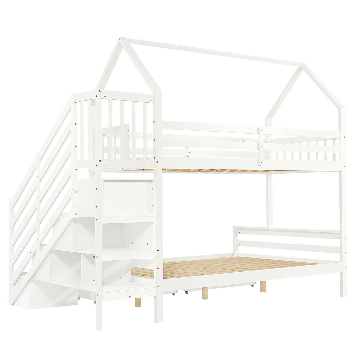ETAGENBETT 90/140/200 cm DE-02269, in Weiß, mit Dach, Treppenschrank und 2 Schubladen - Weiß, Holz/Holzwerkstoff (140/200cm) - ComfortXL