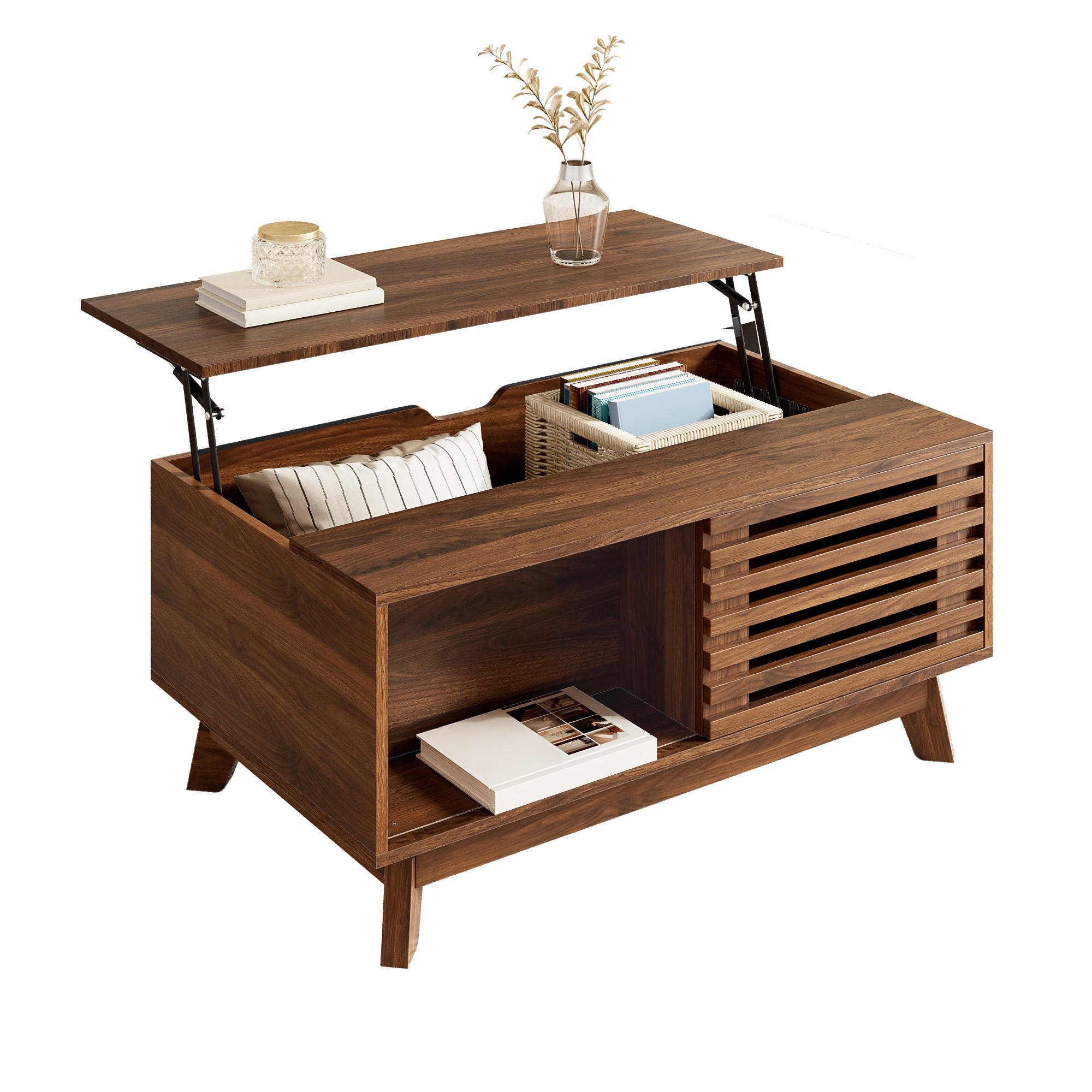 COUCHTISCH Retro Walnuss höhenverstellbar Jalousie modern - Walnussfarben, Holzwerkstoff (90/55/57.5cm) - FLIEKS