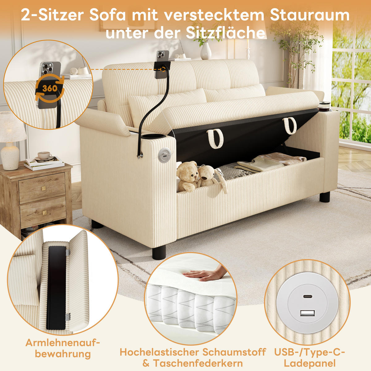 SOFA 2-Sitzer Beige mit Stauraum und Ladeanschlüssen, Cord - Beige/Schwarz, Holzwerkstoff/Textil (136.5/83.6/79.5cm) - CHICFURN