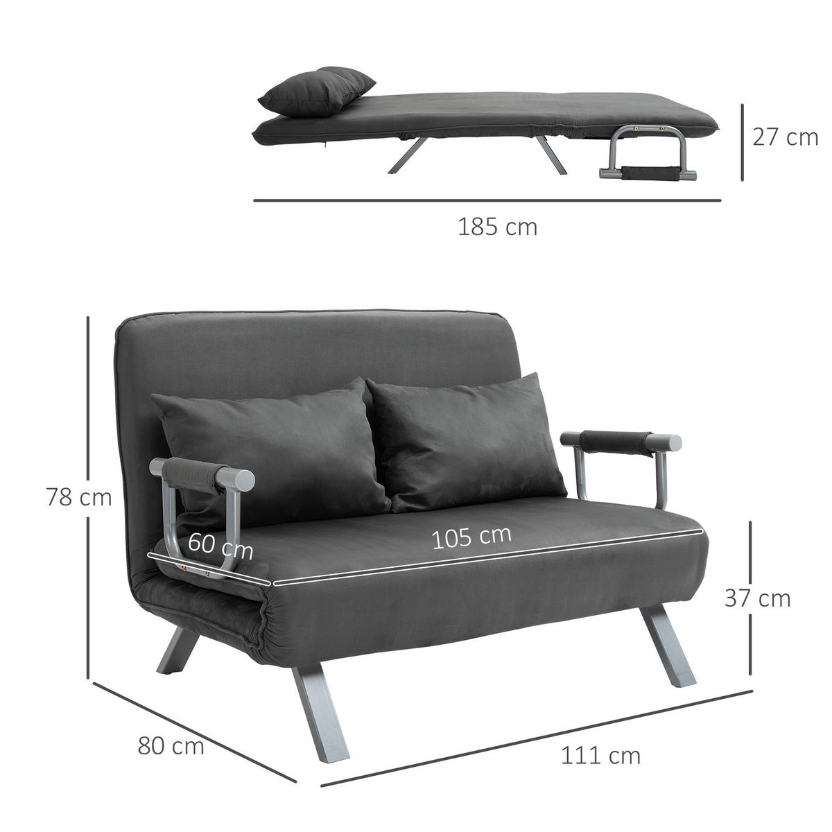 DOPPELSOFA Schlafsessel Armlehne Klappbett Gästebett Chaiselongue 3-in-1 Grau - Silberfarben/Grau, Textil/Metall (80/78/111cm) - HOMCOM