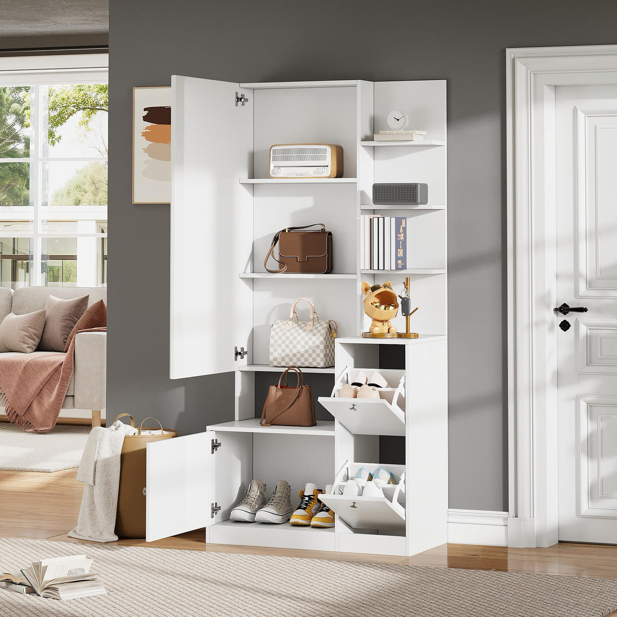 SCHUHSCHRANK aus Spanplatte 85x40x180cm in Weiß mit Spiegel - Weiß, Holzwerkstoff (85/180/40cm) - Modfu