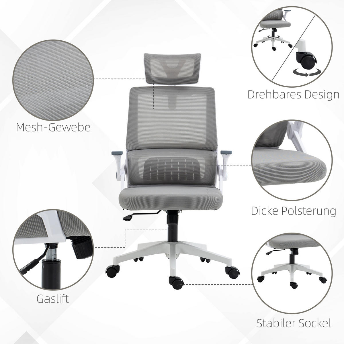 DREHSTUHL 58/61/102-119 cm grau aus Mesh höhenverstellbar - Grau, Textil (61/119/58cm) - OKWISH