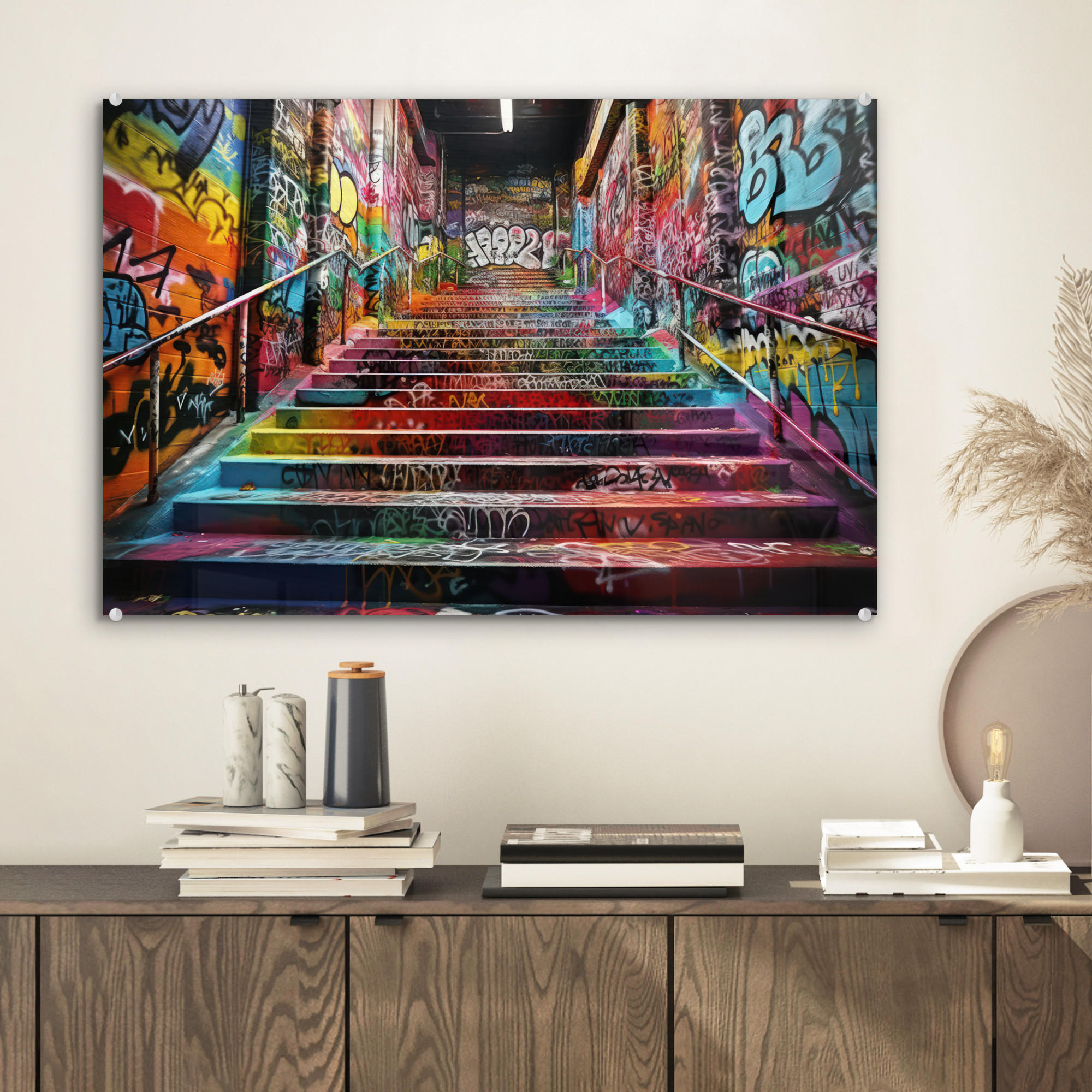 ACRYLGLASBILD Treppe - Graffiti - Farben - Kunst 60x40 cm - Multicolor, Glas (60/40cm) - MuchoWow