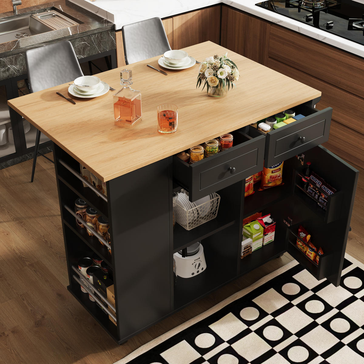 KÜCHENWAGEN 120x76x91.5cm Schwarz mit Weinglasregal, Snackregal & Rollen - Schwarz, Holzwerkstoff (120/91.5/76cm) - Modfu